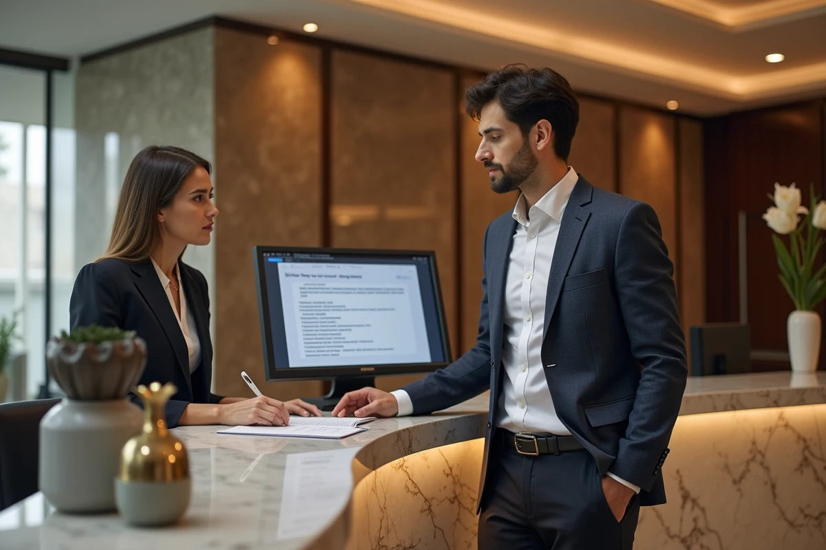 Client à la réception d'un hôtel de Dubaï vérifiant les détails de sa réservation