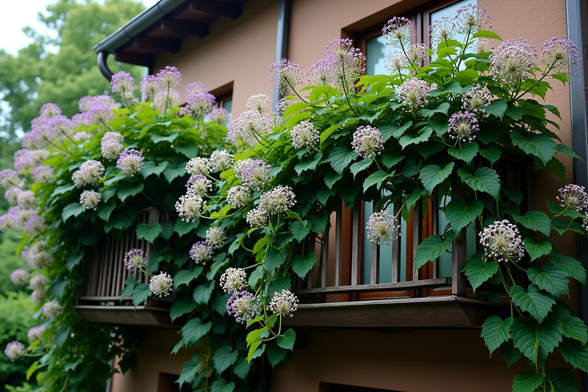 Lierre et clématite en fleurs sur balcon nord