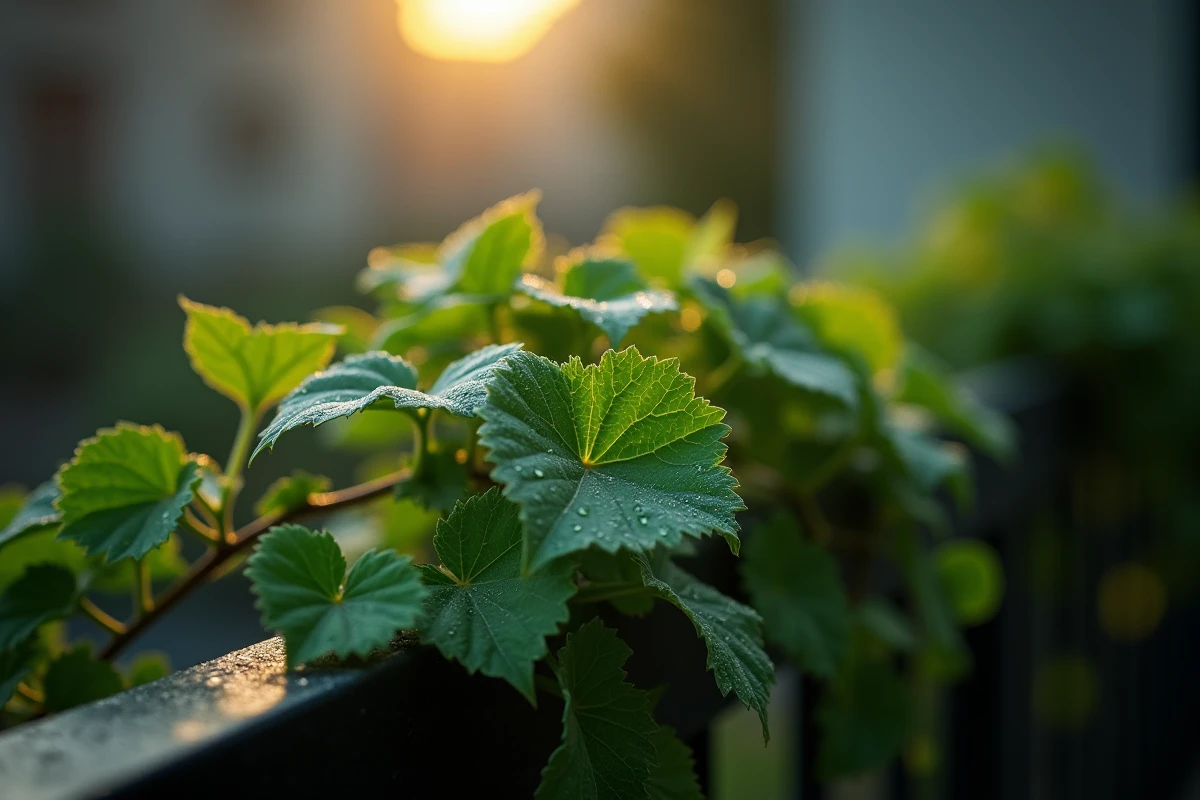 Lierre grimpant sur balustrade de balcon ombragé au nord avec gouttes de rosée