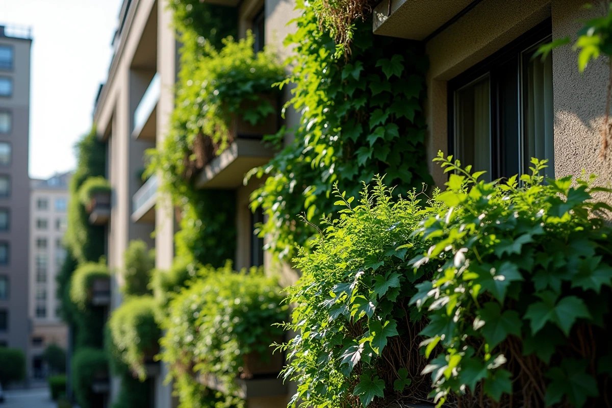 Lierre grimpant décorant un balcon au nord avec feuillage dense et verdoyant