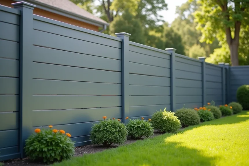 Clôture en aluminium moderne grise dans un jardin résidentiel avec pelouse verte