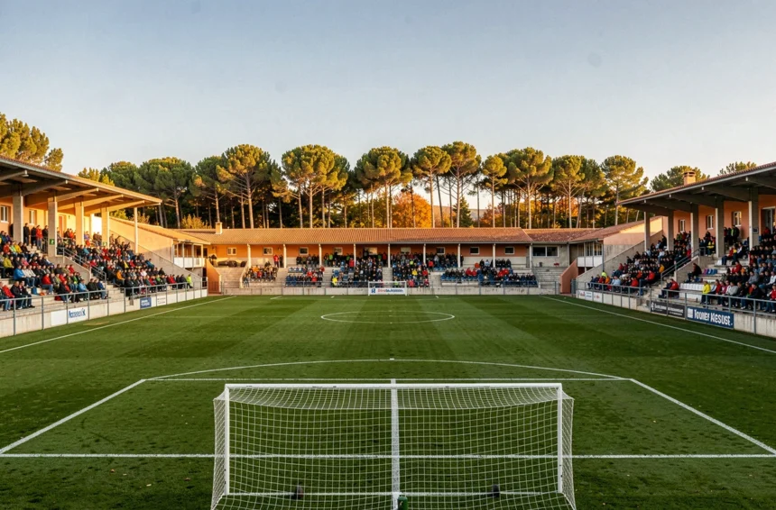 Vue panoramique d'un stade de football en Nouvelle-Aquitaine avec ses tribunes et son terrain verdoyant