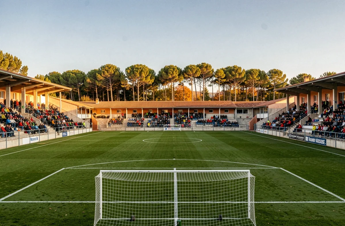 Vue panoramique d'un stade de football en Nouvelle-Aquitaine avec ses tribunes et son terrain verdoyant