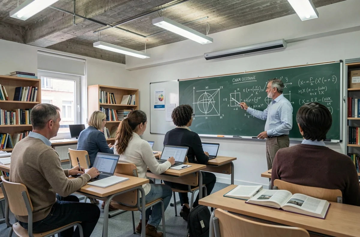 Adultes en formation continue dans une salle de cours du CNAM Occitanie centre de Toulouse