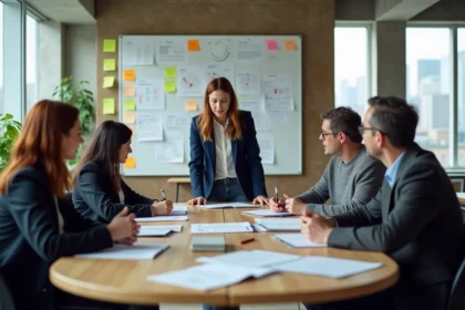 Équipe de managers participant à un atelier de coaching collectif autour d'une table de réunion moderne avec tableau blanc et post-it