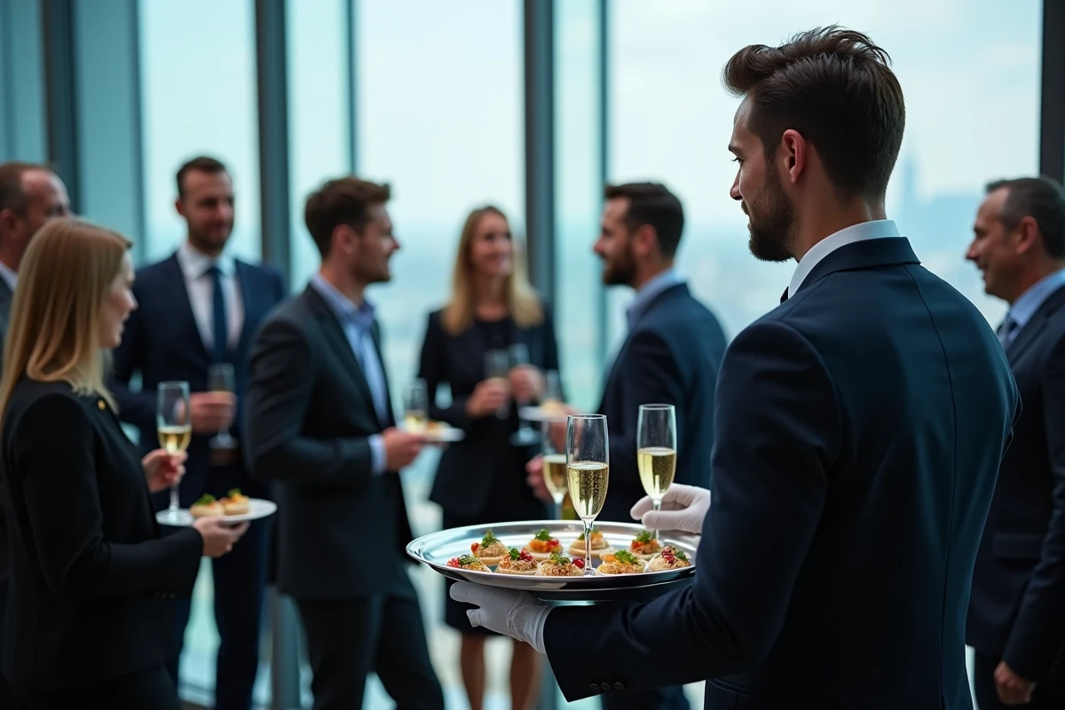 Réception cocktail d'affaires avec service traiteur haut de gamme dans un espace événementiel parisien moderne