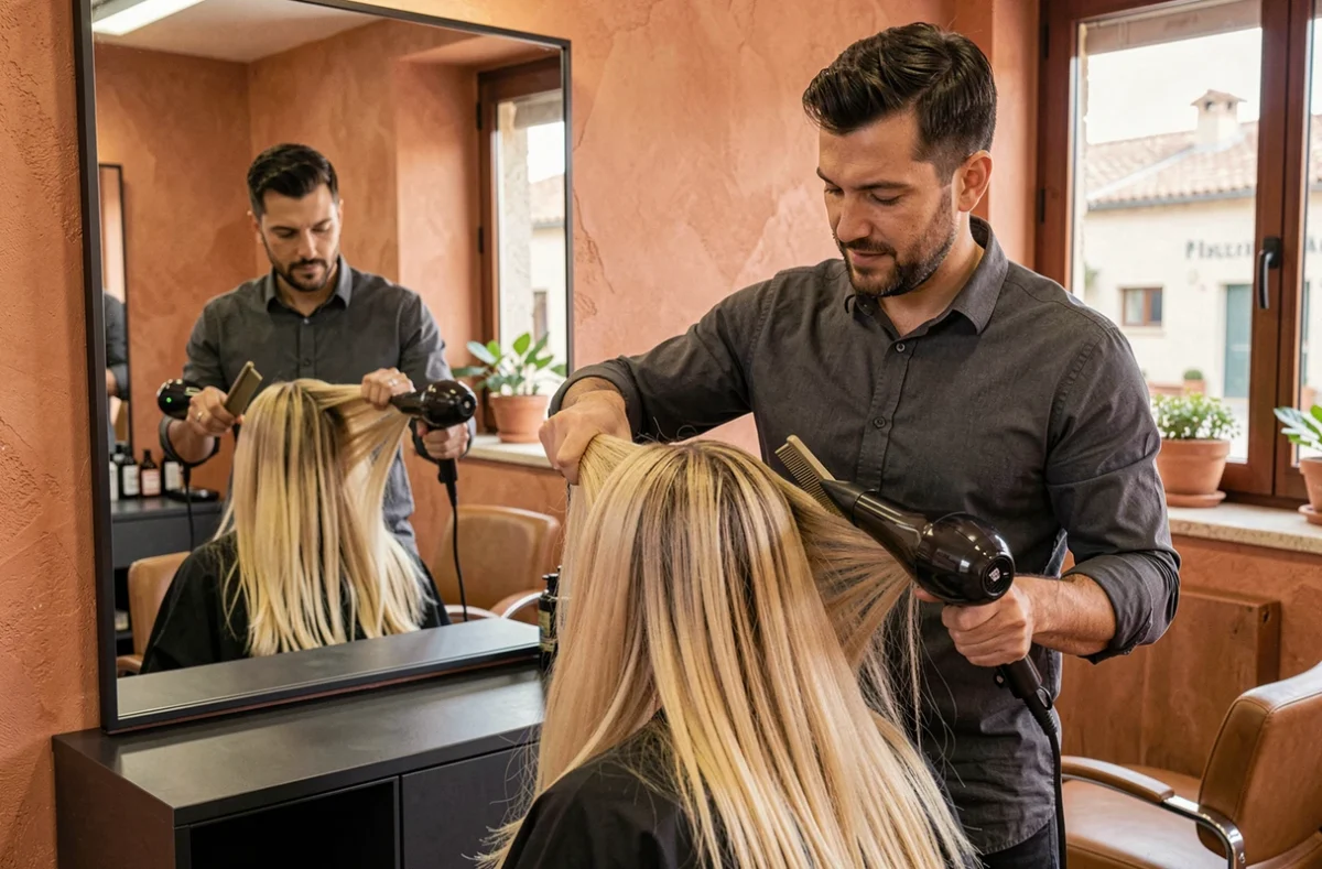 Coiffeur visagiste finissant un brushing sur une cliente dans un salon de coiffure provençal chaleureux à Toulon