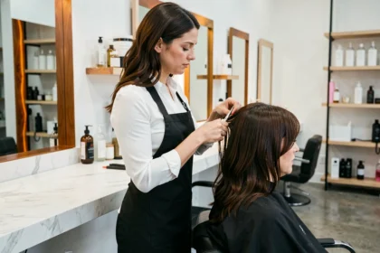 Coiffeuse visagiste professionnelle réalisant une coupe précise sur une cliente dans un salon de coiffure moderne à Toulon