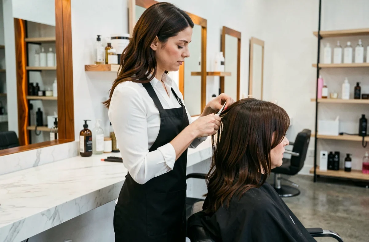 Coiffeuse visagiste professionnelle réalisant une coupe précise sur une cliente dans un salon de coiffure moderne à Toulon
