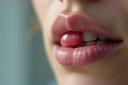 Gros plan d'un bouton de fièvre sur les lèvres d'une personne avec éruption cutanée visible