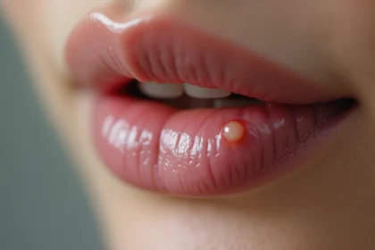 Gros plan d'un bouton de fièvre sur la lèvre supérieure d'une femme en lumière naturelle