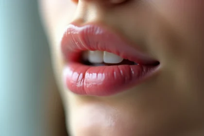 Femme atteinte d'un bouton de fièvre au stade précoce sur la lèvre avec rougeur légère