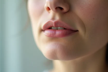 Femme atteinte d'un bouton de fièvre visible sur la lèvre supérieure, gros plan dermatologique