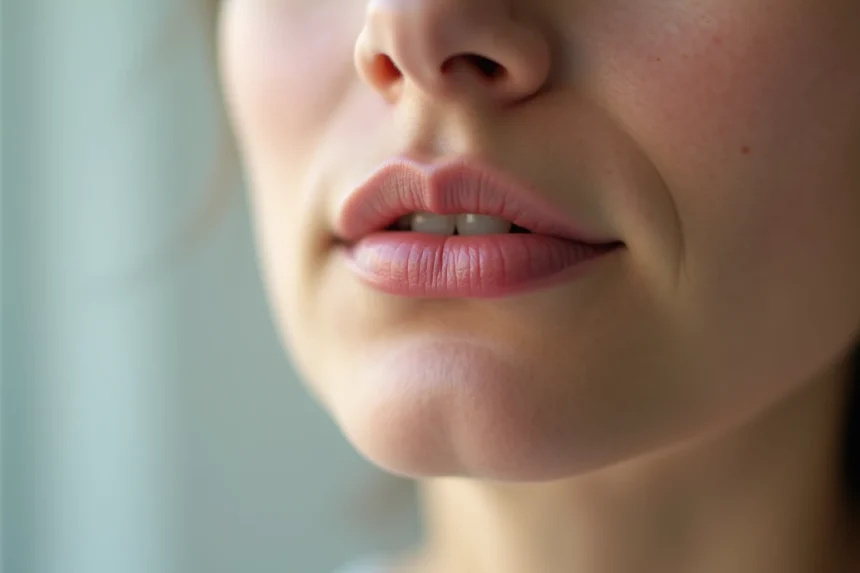 Femme atteinte d'un bouton de fièvre visible sur la lèvre supérieure, gros plan dermatologique
