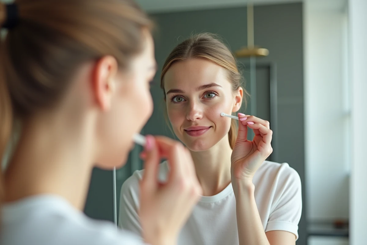 Femme appliquant un traitement contre le bouton de fièvre avec un coton-tige