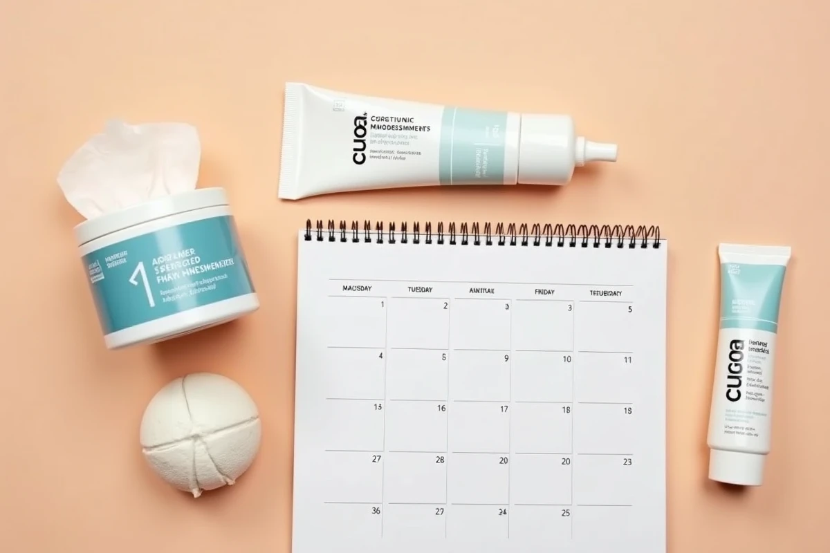 Produits de traitement du bouton de fièvre disposés à plat avec crème antivirale et calendrier de guérison