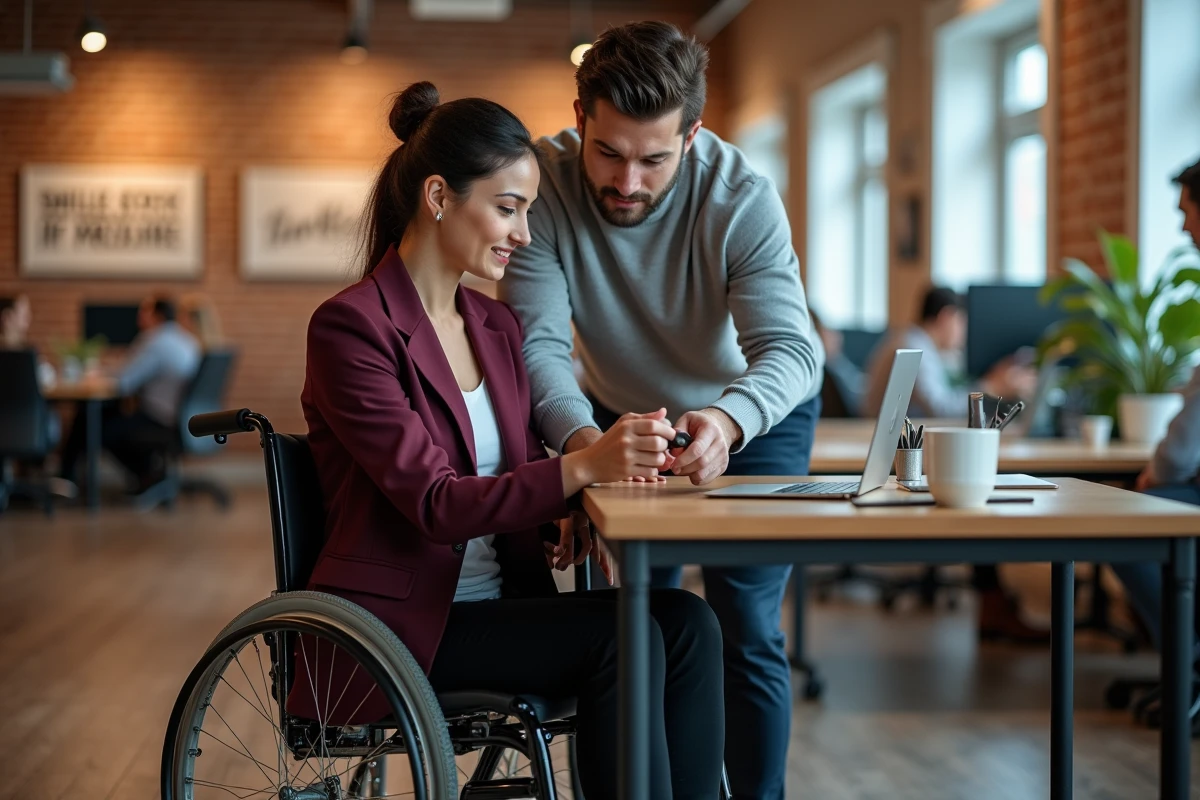 Employée en fauteuil roulant collaborant avec un collègue dans un espace de travail inclusif
