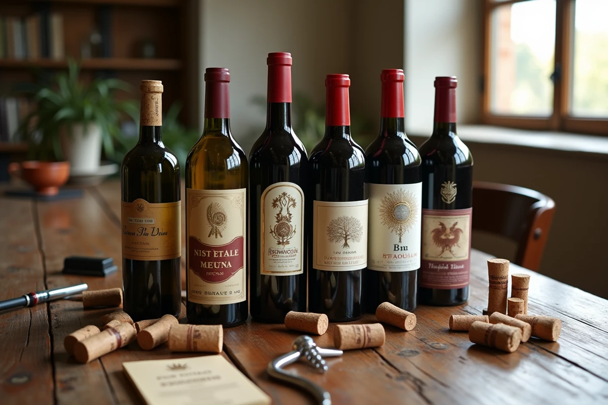 Collection de bouteilles de vin marocain diverses disposées sur table rustique pour guide comparatif d'achat