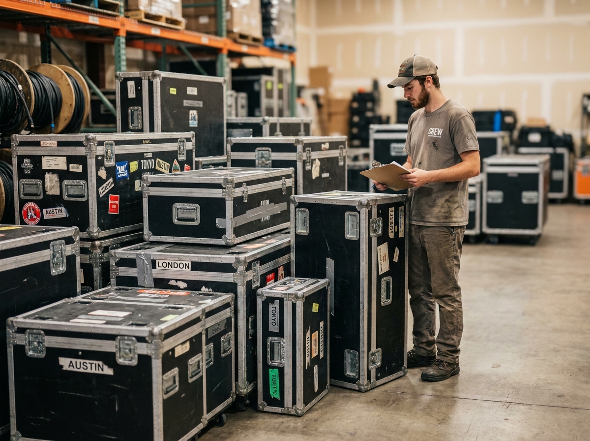 collection de flight cases d'occasion empilés dans un entrepôt avant tournée musicale