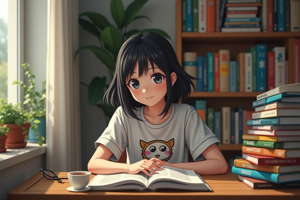 collection de mangas boys love en français organisée sur un bureau avec une ambiance cosy