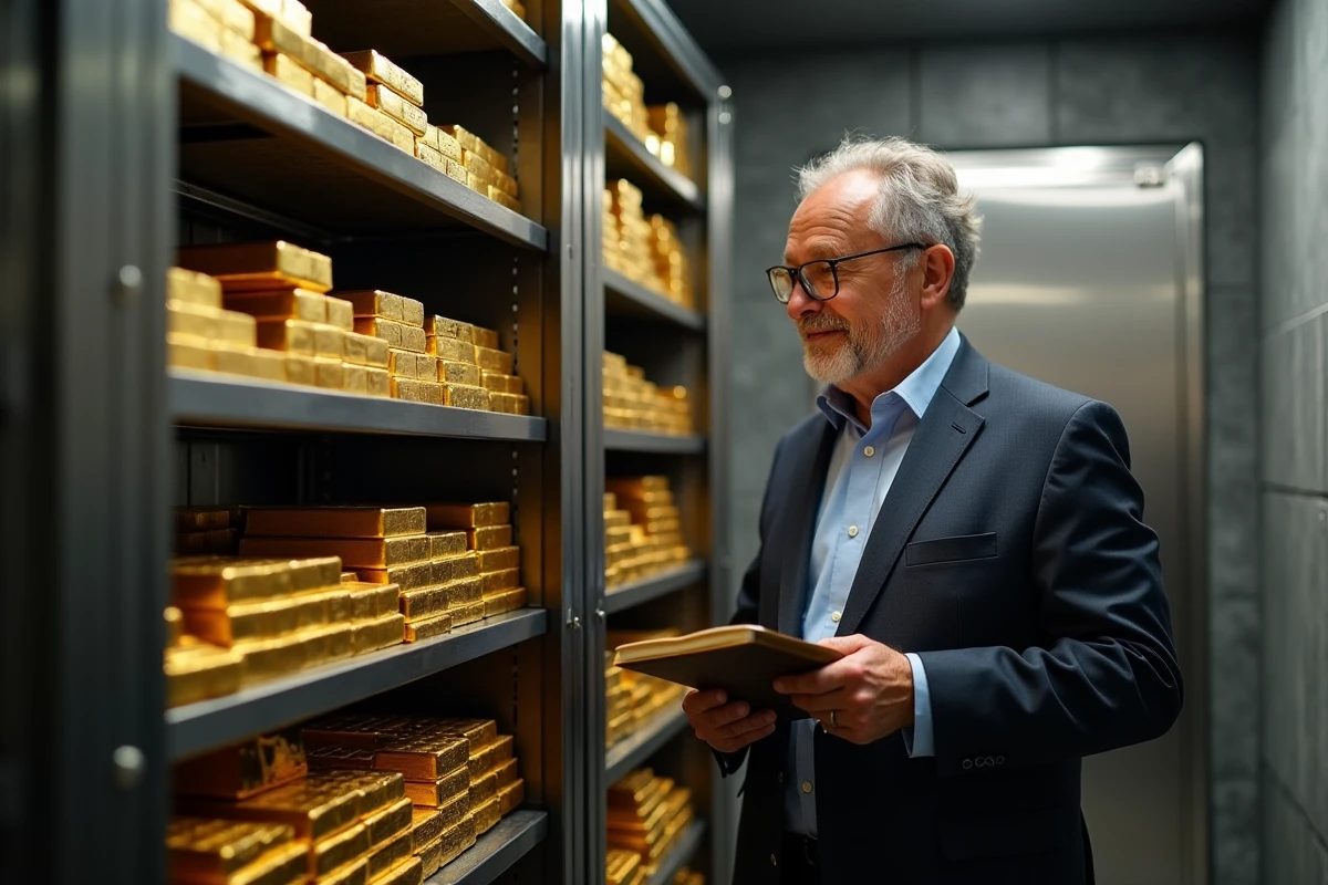 homme inventoriant une collection de lingots d'or dans un coffre-fort sécurisé avec organisation professionnelle