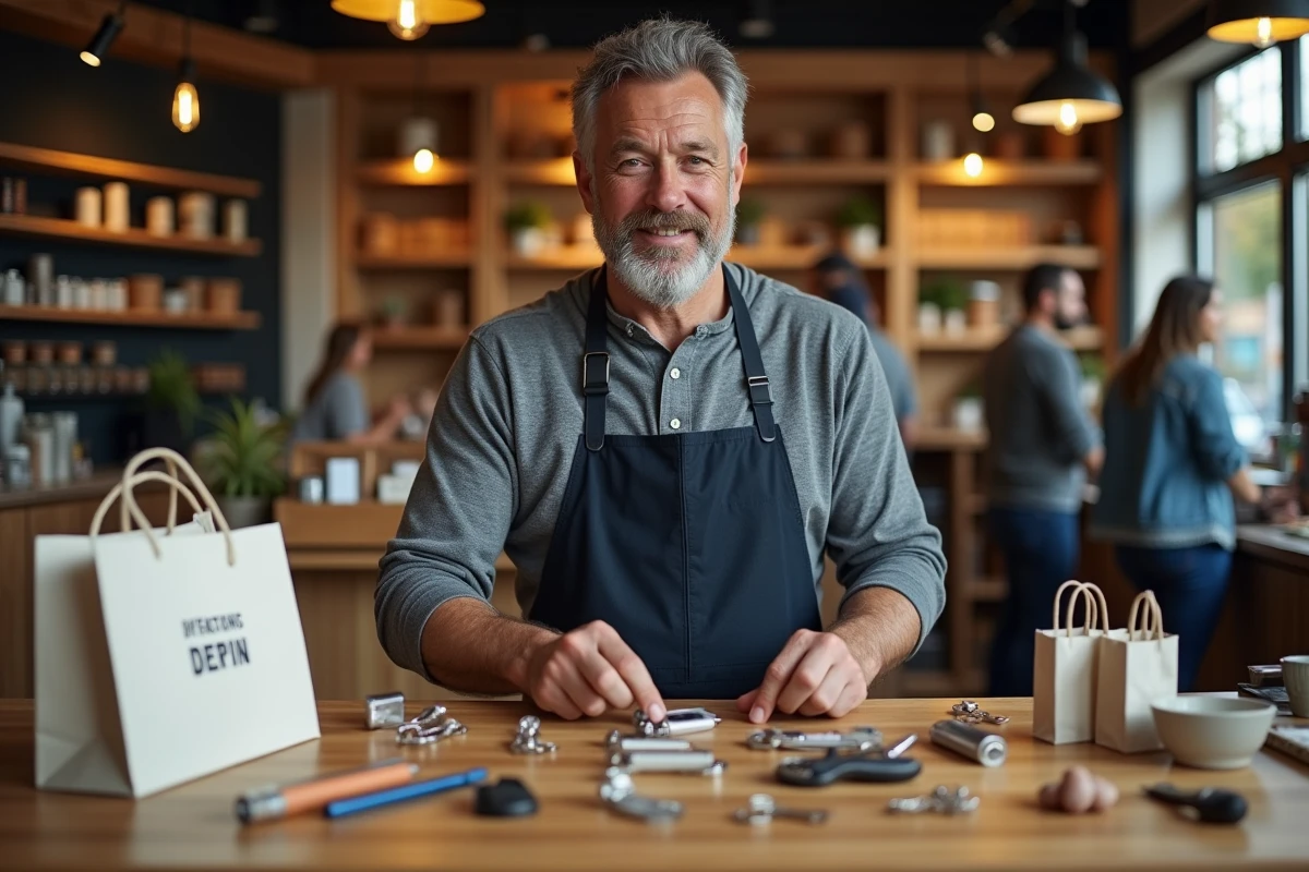Commerçant arrangeant des goodies personnalisés sur un comptoir de boutique pour fidéliser sa clientèle