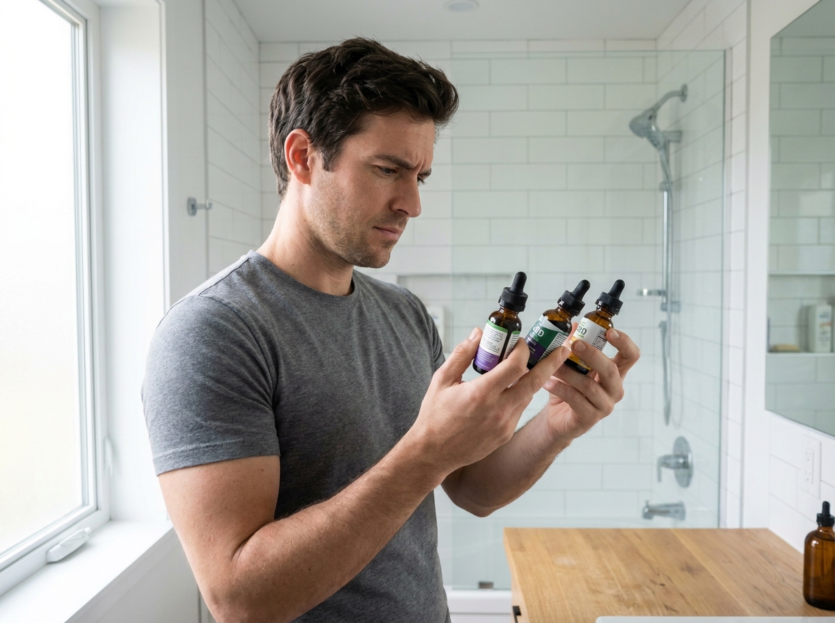 Homme comparant trois bouteilles d'huile CBD différentes dans un cadre de bien-être moderne, montrant comment sélectionner le bon produit selon ses besoins