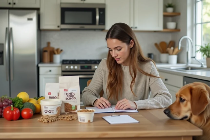 femme comparant les prix des aliments pour chien à table dans une cuisine moderne avec son animal de compagnie