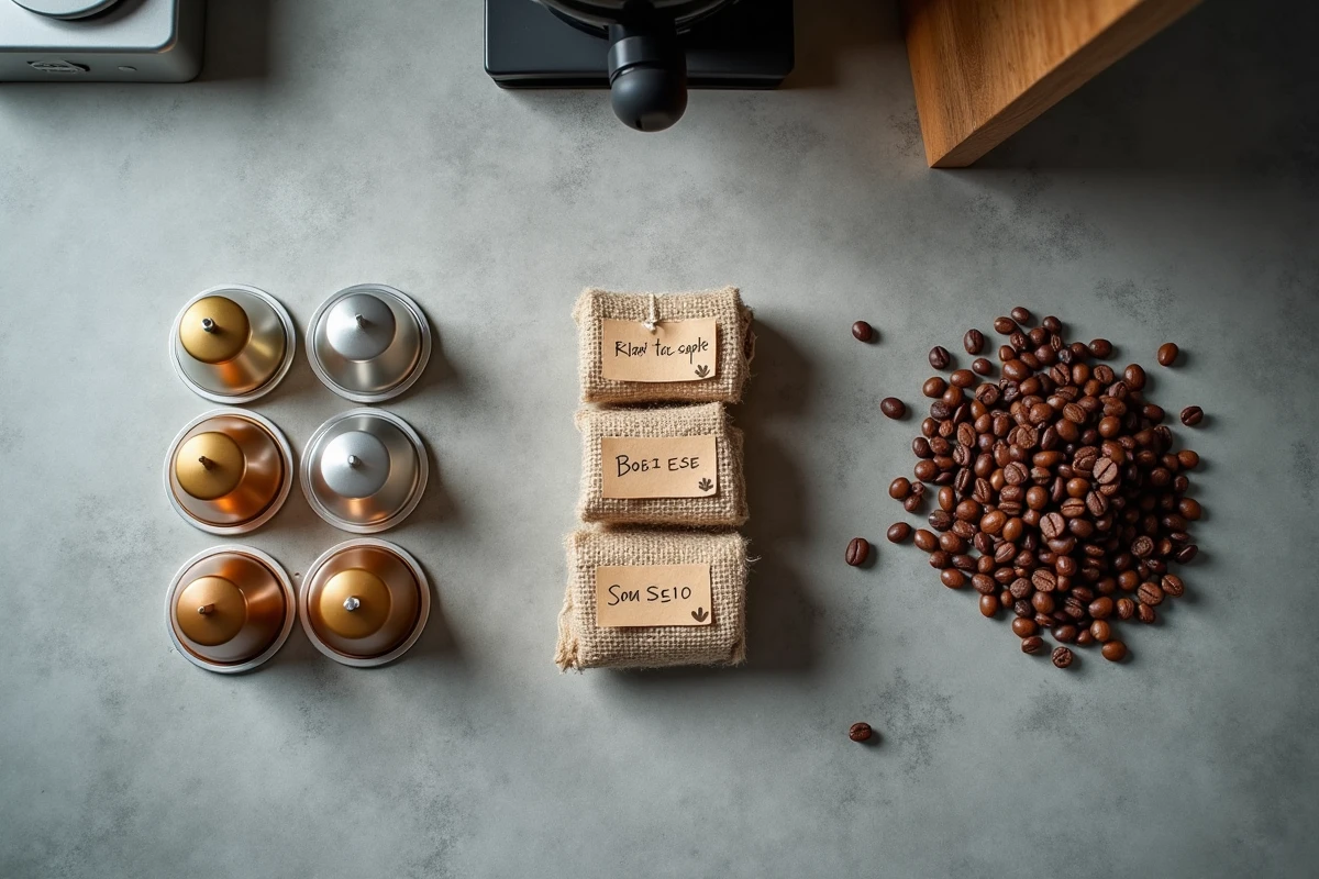 Vue de dessus comparant capsules en aluminium, dosettes papier et grains de café entiers avec des étiquettes de coût par tasse sur un comptoir en pierre