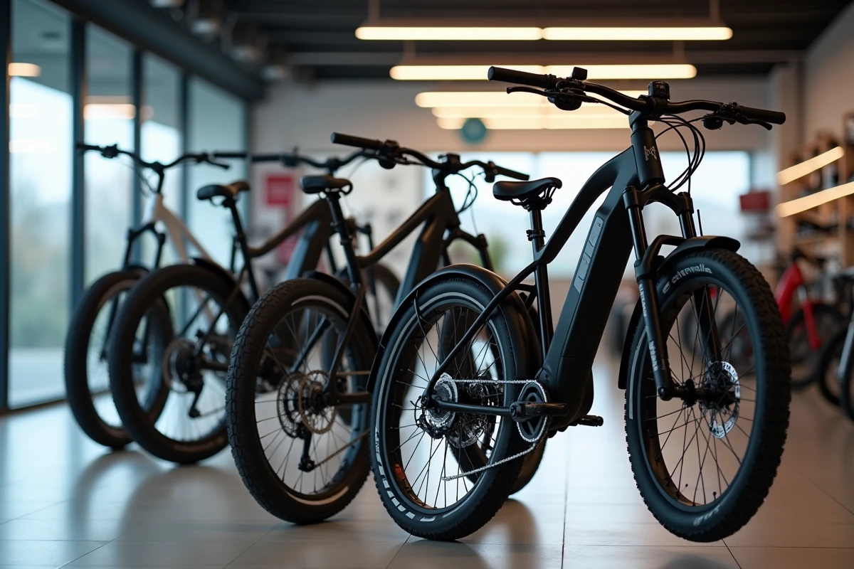 Comparaison de trois modèles de vélos électriques différents en magasin
