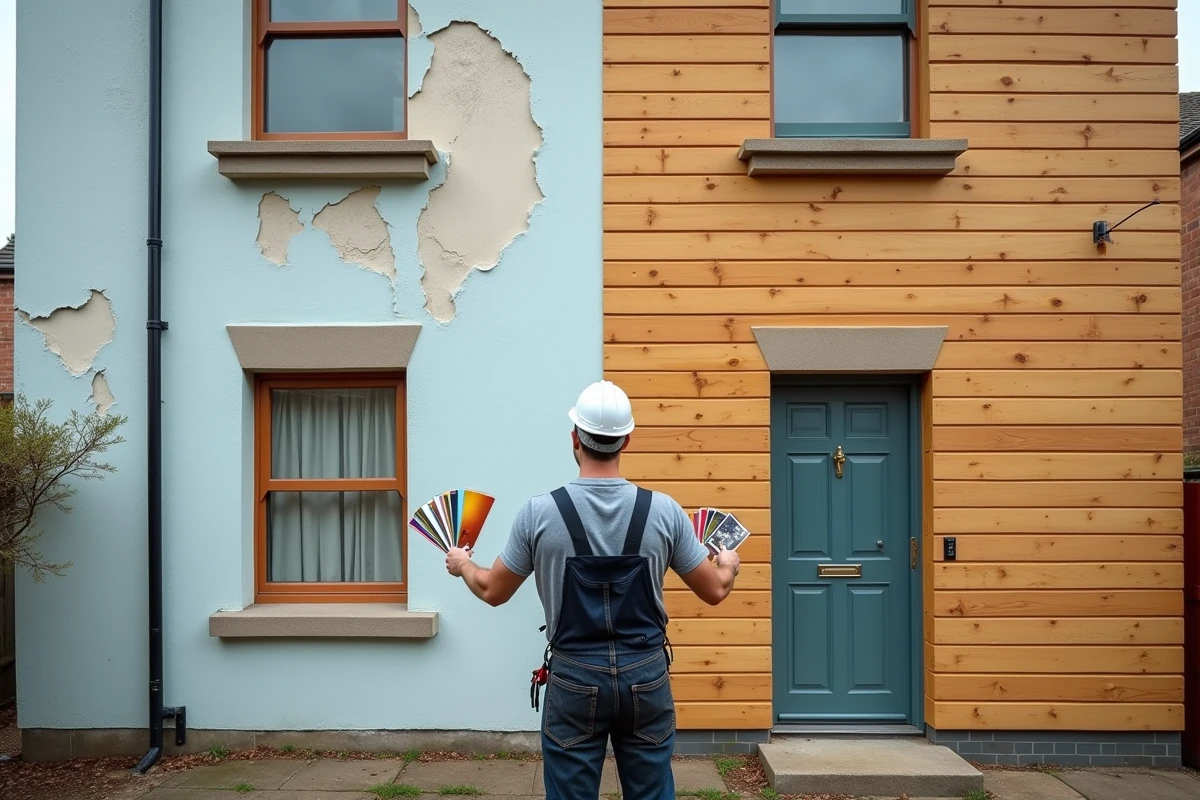 Comparaison visuelle entre peinture ancienne écaillée et bardage extérieur en bois neuf sur façade de maison