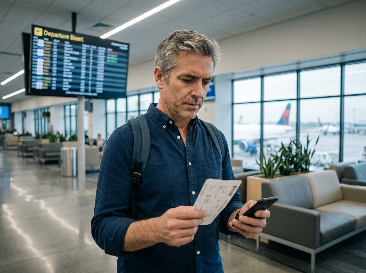 Homme consultant des prix de vols sur smartphone à l'aéroport avec sa carte d'embarquement en main