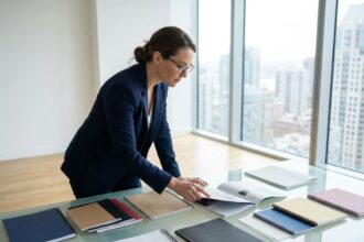 Directrice marketing comparant différents types de reliure de brochures imprimées sur un bureau moderne