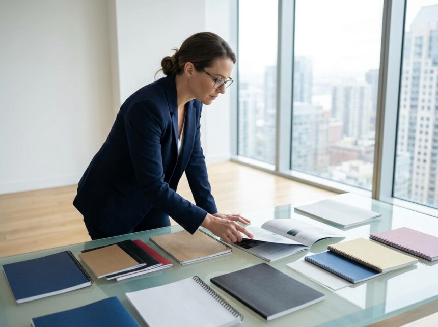 Directrice marketing comparant différents types de reliure de brochures imprimées sur un bureau moderne
