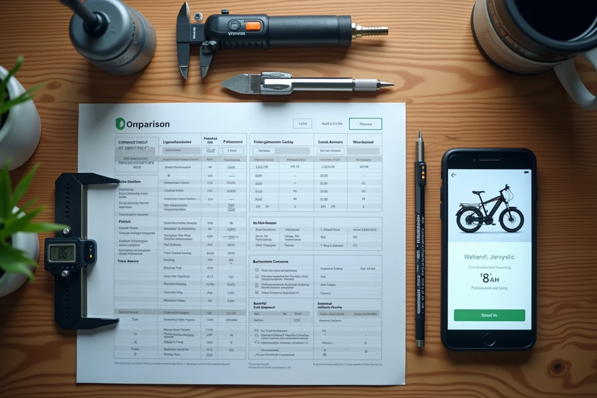 Comparaison des caractéristiques techniques de vélos électriques avec documents et tableau de spécifications