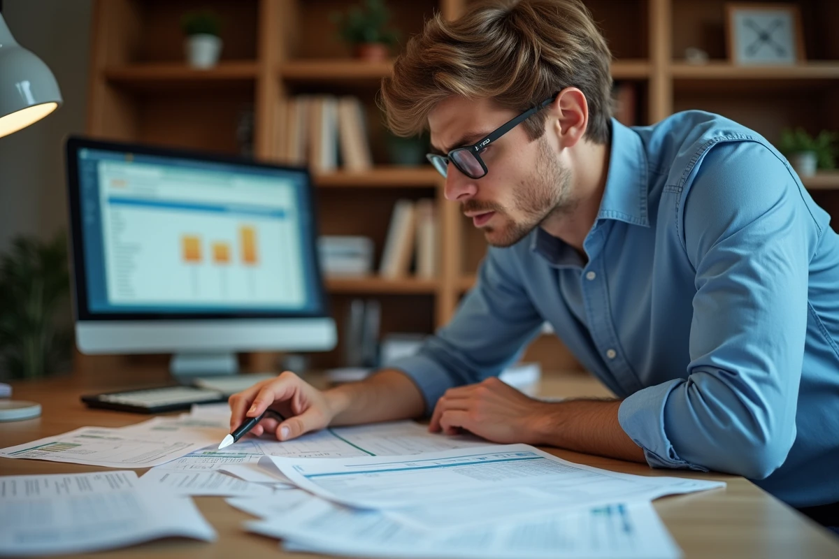 Consultant en ligne comparant plusieurs devis et tarifs de services comptables sur son bureau avec documents financiers