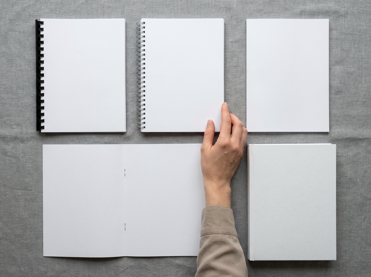 Vue de dessus de cinq brochures avec différentes reliures imprimées : spirale, wire-o, piqûre, dos carré collé, reliure cartonnée