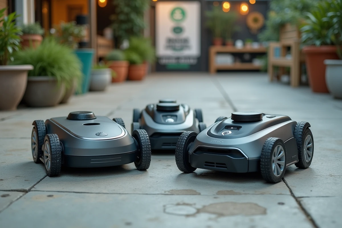 trois modèles de robots tondeuses autonomes différents exposés côte à côte sur surface de démonstration