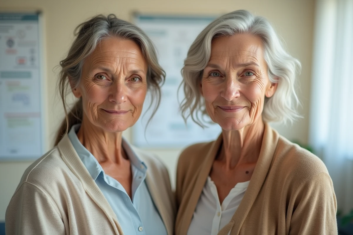 Deux femmes d'âges différents en consultation de rajeunissement, montrant la comparaison entre deux stades du vieillissement cutané