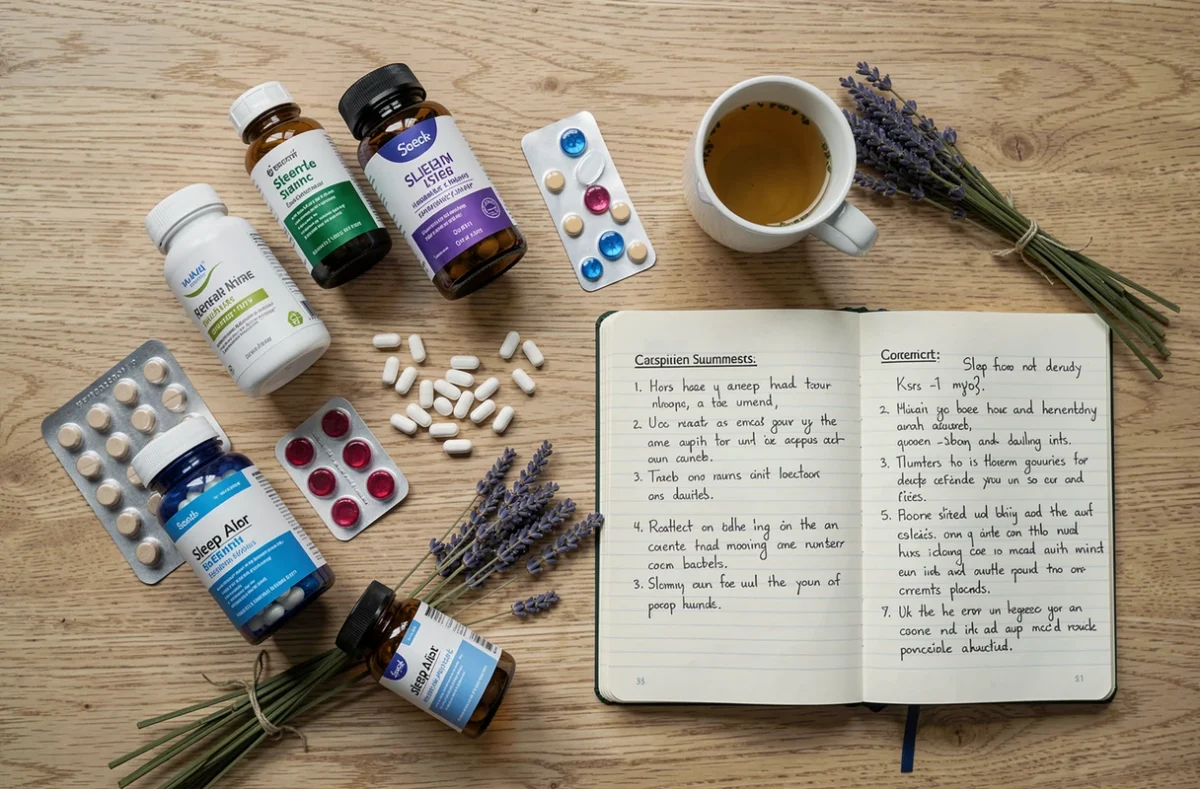 Vue de dessus de compléments alimentaires pour le sommeil disposés sur une table en bois avec cahier de notes et tisane