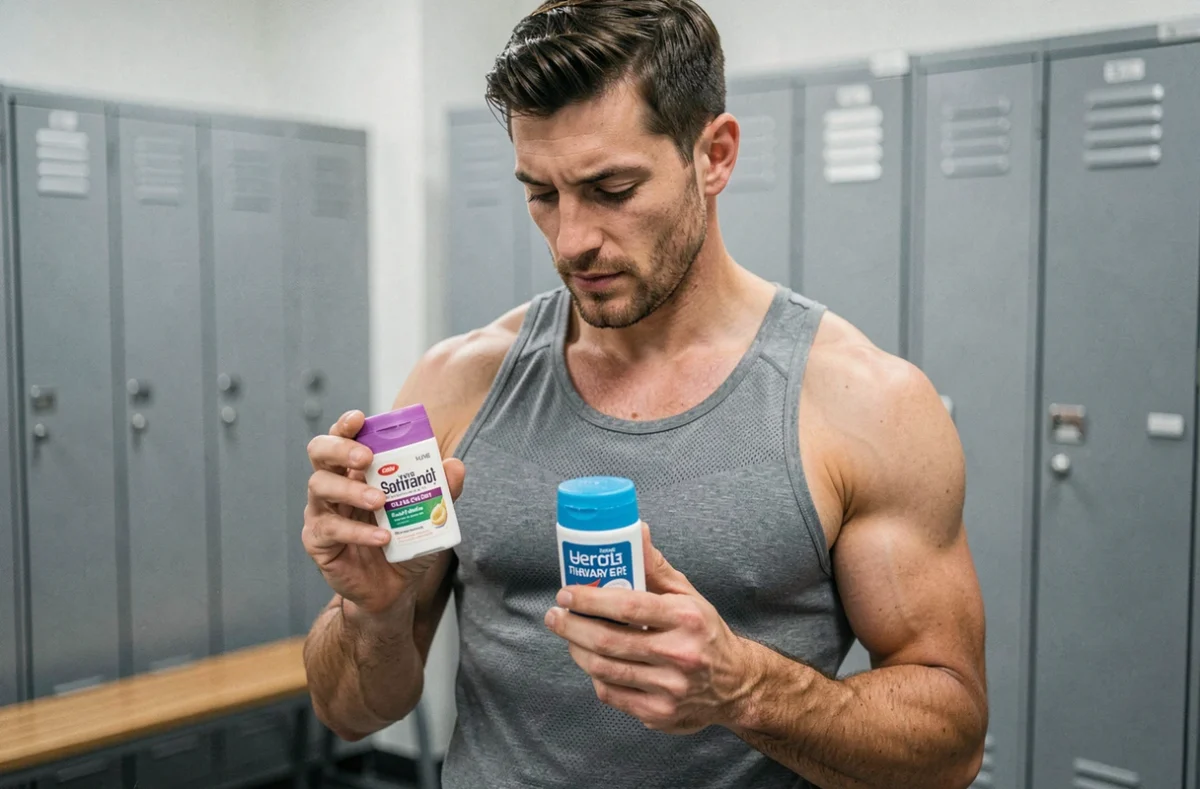 Homme sportif comparant deux déodorants dans un vestiaire, guide d'achat des meilleurs déodorants pour homme