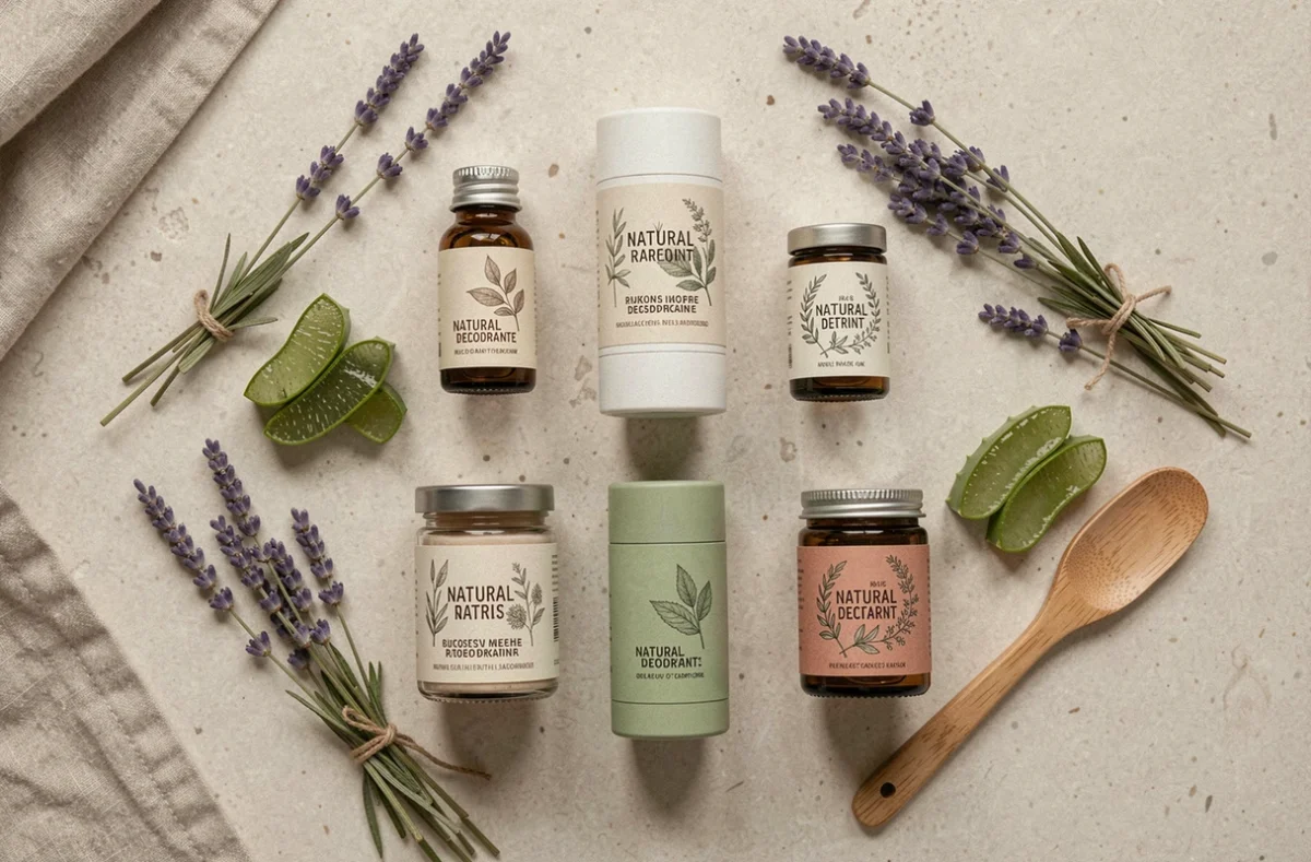 Comparatif de sept déodorants naturels en format flat lay sur pierre avec ingrédients botaniques, lavande et aloe vera