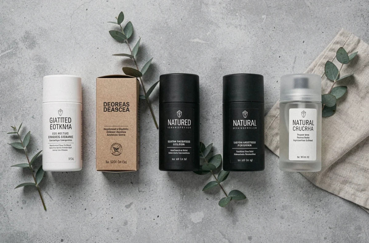 Comparatif de six déodorants en vue aérienne sur fond de béton gris avec accents naturels d'eucalyptus