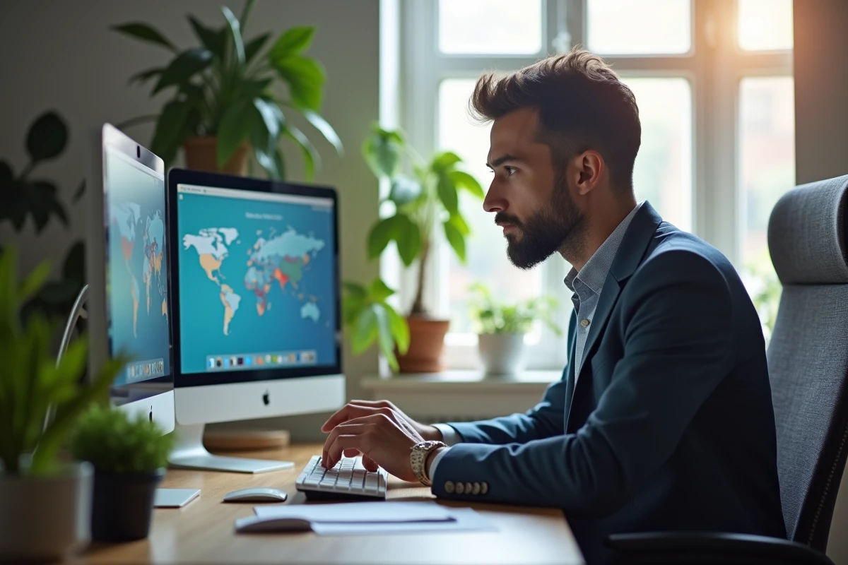 Homme comparant les prix des billets d'avion sur plusieurs écrans pour trouver les meilleures offres