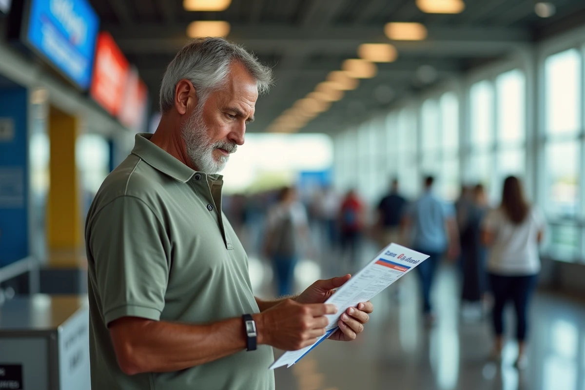 Homme comparant les offres d'une agence locale et d'un loueur international à l'aéroport de La Réunion