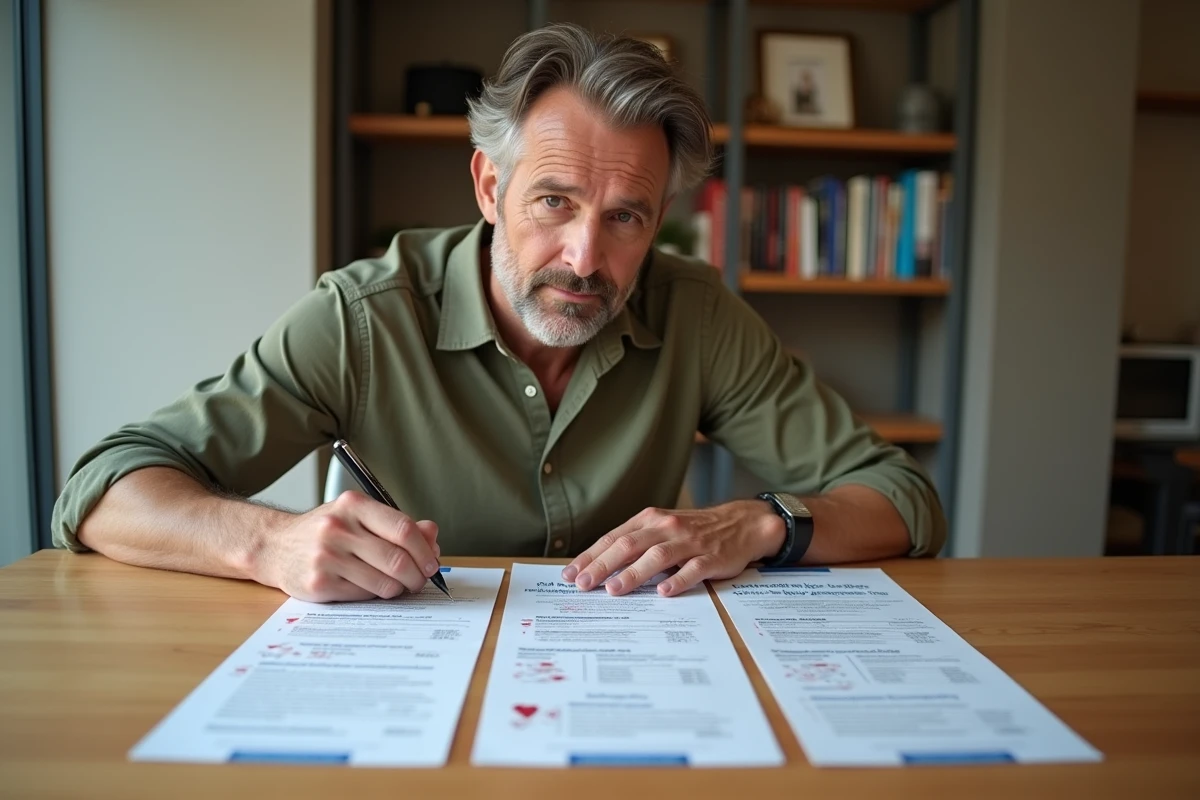 Homme comparant les tableaux de remboursement de plusieurs mutuelles santé
