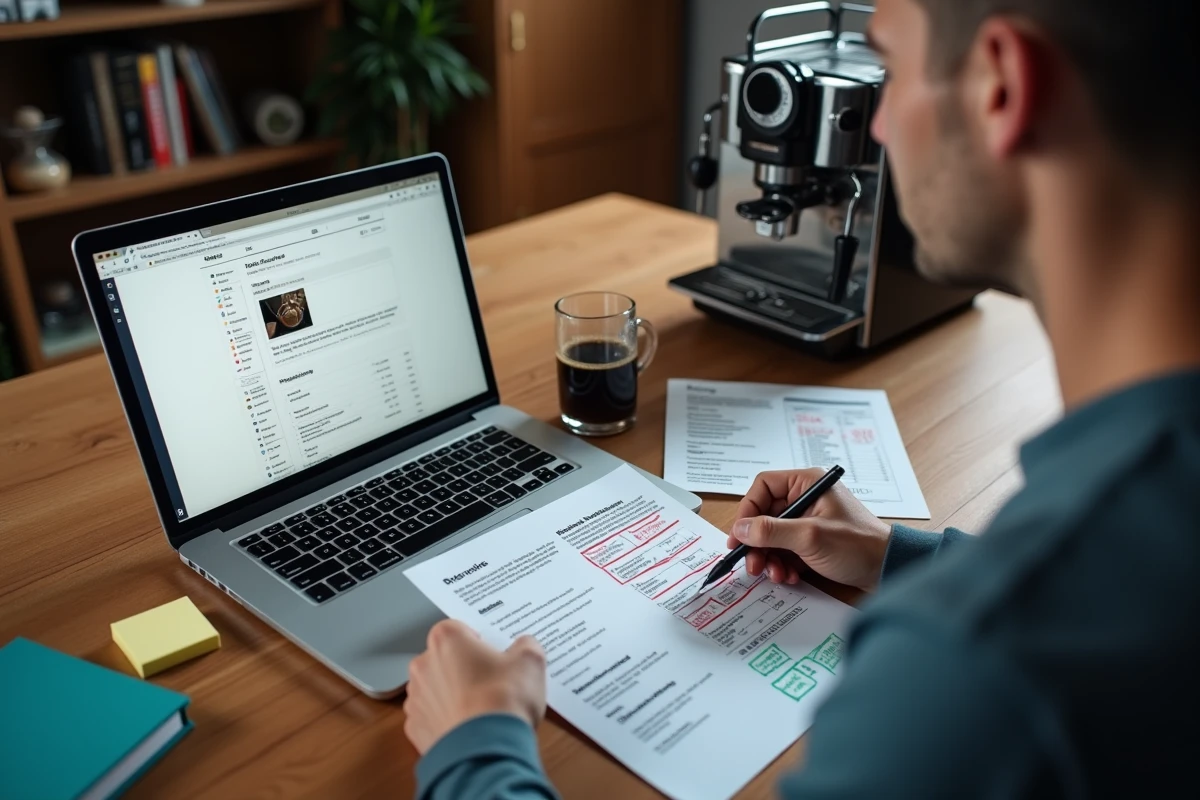Personne comparant des fiches techniques de cafetières avec des fonctions utiles entourées en vert et des options superflues barrées en rouge, devant un ordinateur portable