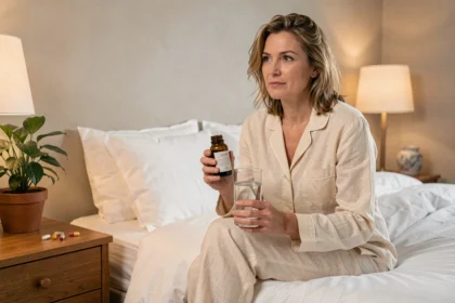 Femme tenant un flacon de compléments alimentaires pour le sommeil assise sur son lit avant de dormir