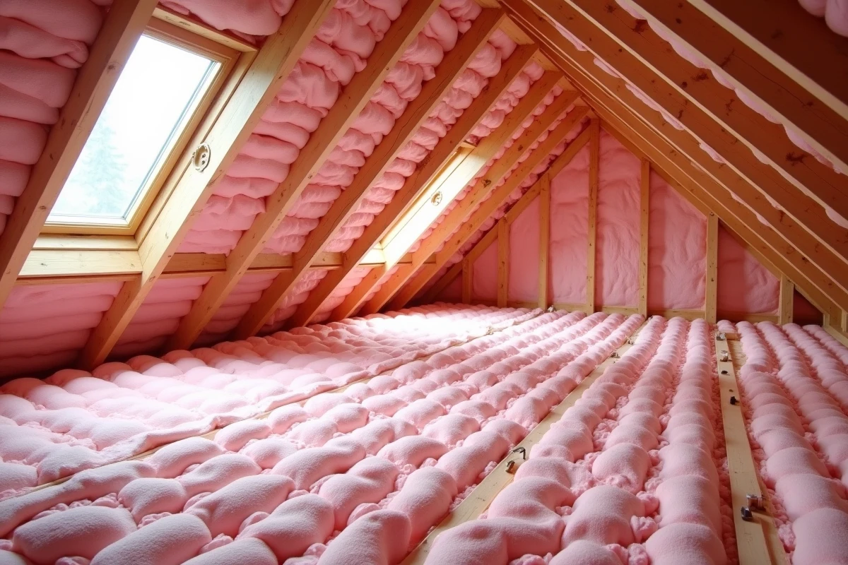 Combles isolés complètement avec laine minérale rose installée entre les chevrons