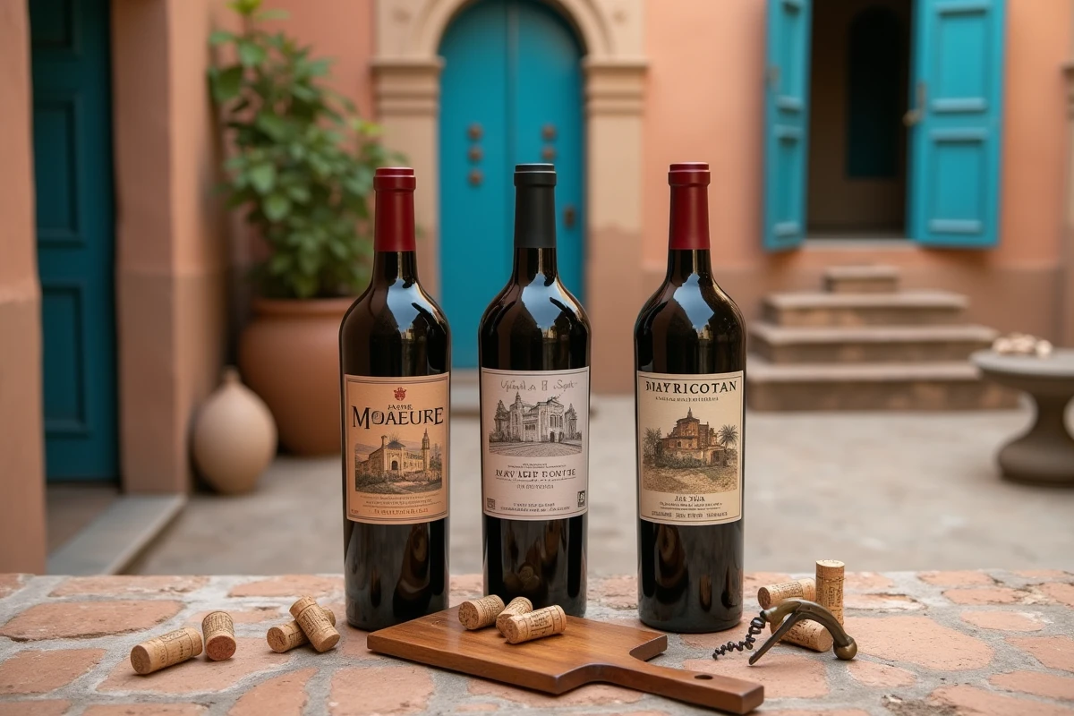 Vue de dessus de trois bouteilles de vin marocain avec bouchons et accessoires sur pierre à la riad authentique